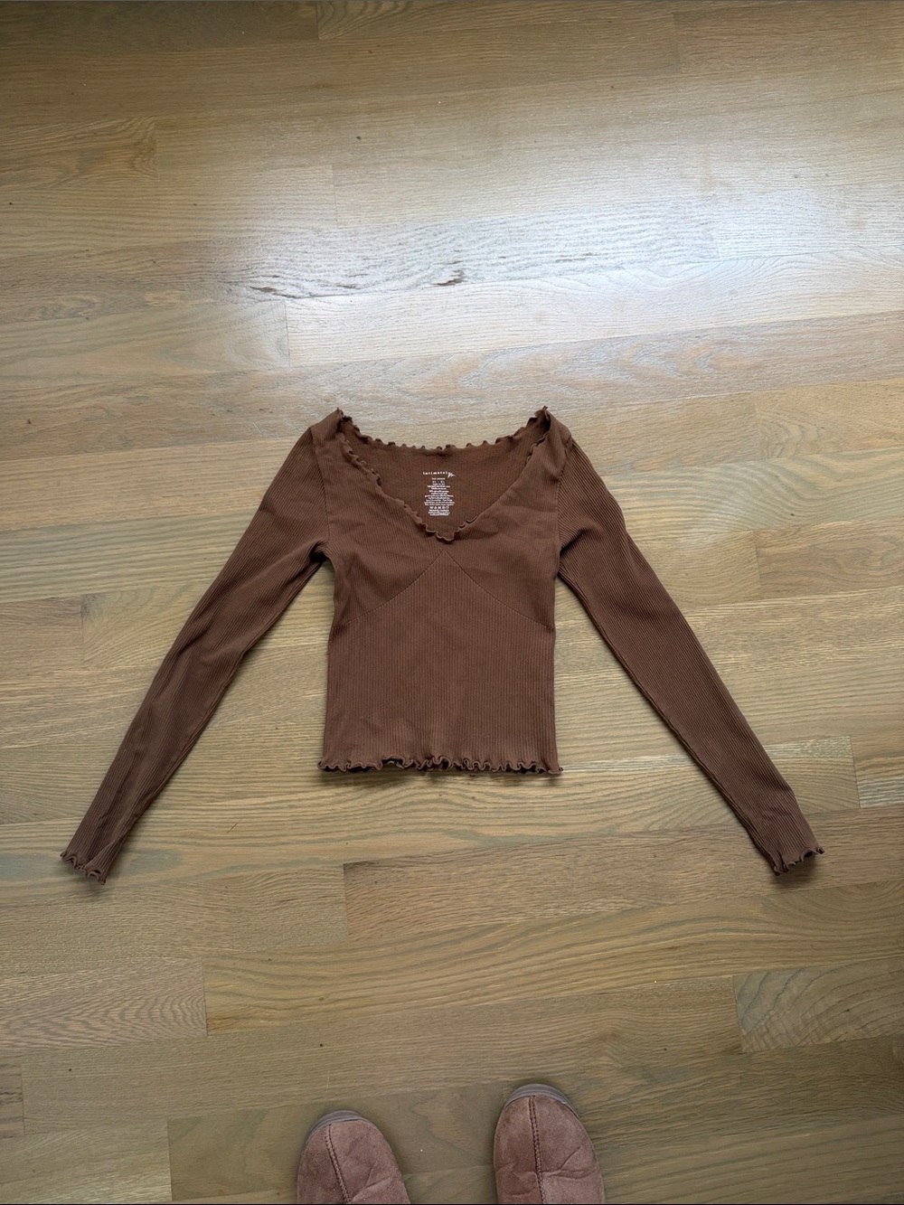 Free People Chocolate Brown Ribbed V-Neck Long Sleeve Crop Top